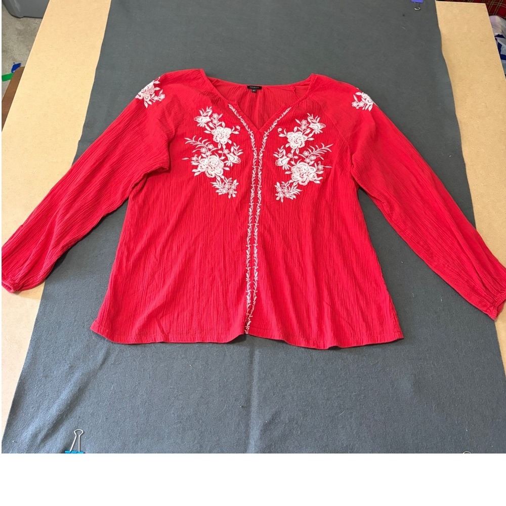 Talbots Embroidered Blouse Womens XL Red Boho Core Western Relaxed Travel